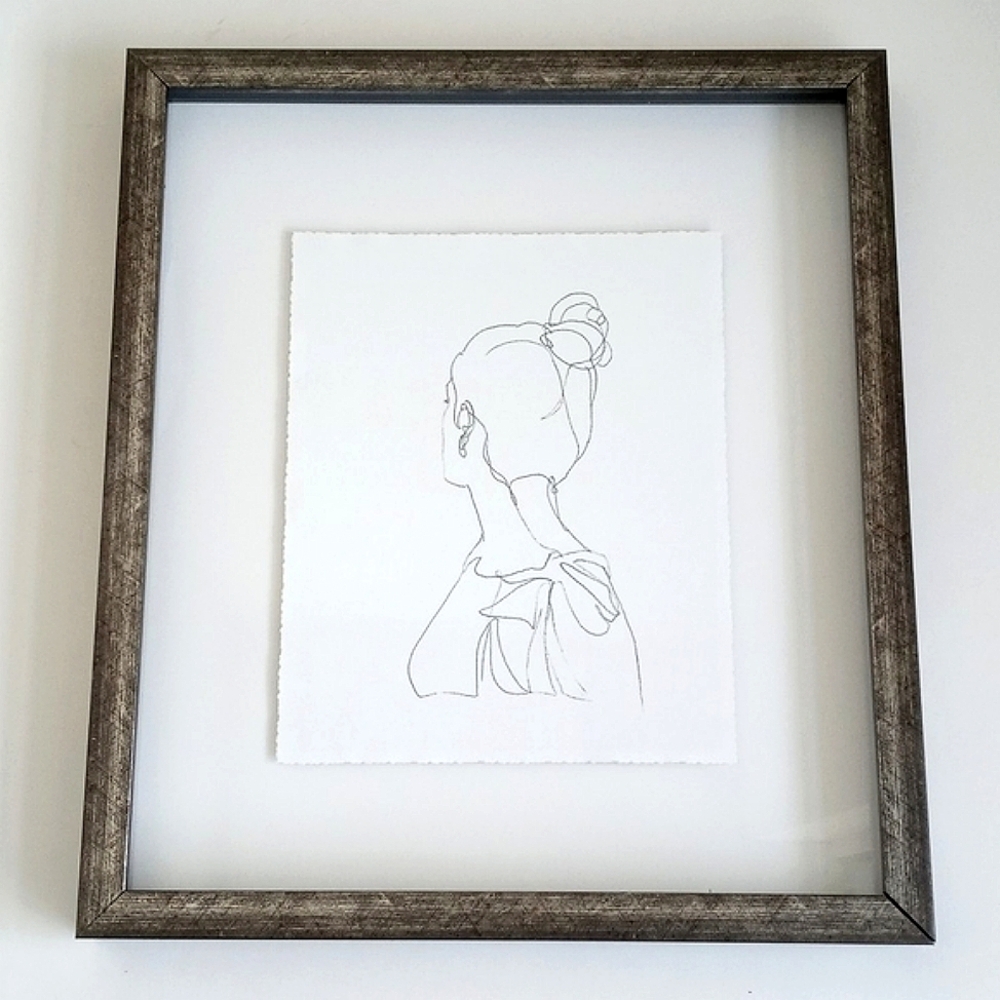 Elegant Woman Line Art Painting Antiqued Brushed 16"x14" Shadow Box 3D Frame